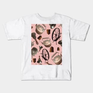 Bells, Books, Spinning Wheels and Kettles on Pink Kids T-Shirt